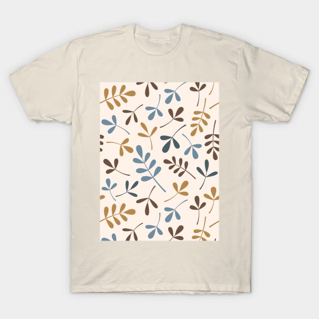 Assorted Leaf Silhouettes Blues Brwn Gld Crm T-Shirt by NataliePaskell